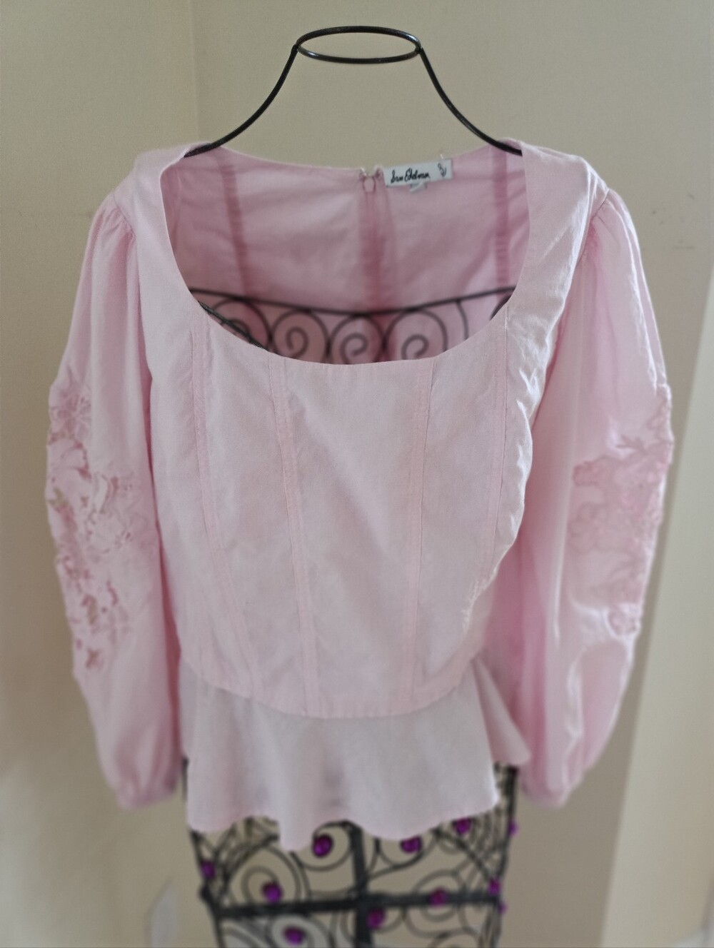 Sam Edelman Lace Detail 3/4 Sleeve Peplum Cotton Blouse Back Zipper siz L Pink - Picture 7 of 16